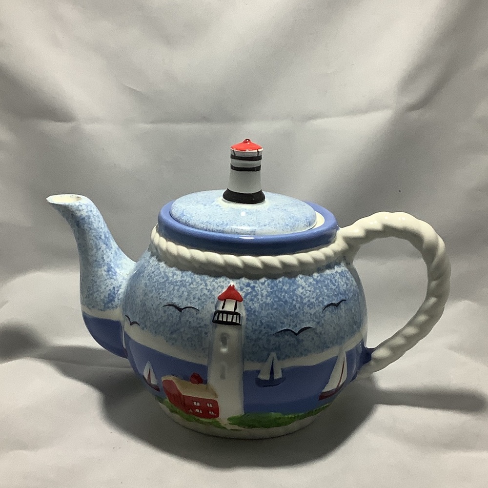 Lighthouse Themed Blue and White Teapot